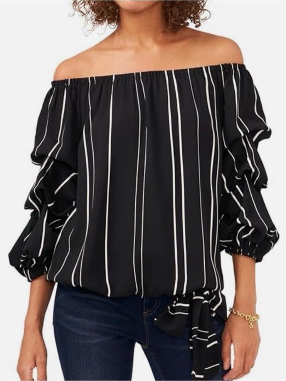 Vince Camuto Womens 1X Black White Stripe Off Shoulder Ruffle Sleeve Blouse
